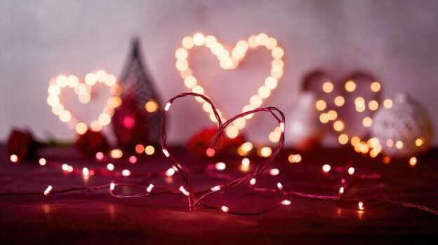 Heart Shaped String Lights on Table for Valentines Day Celebration photo