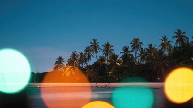 Night Tropical Beach With Palm Trees Under Starry Sky With Bright Bokeh photo