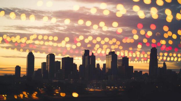 City Skyline Silhouette at Dusk With Colorful Bokeh Lights Above photo