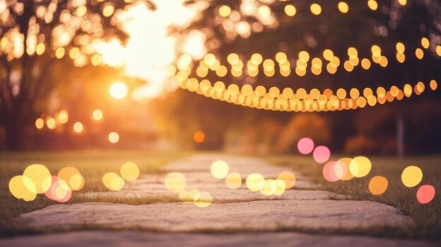 Evening Garden Path With Festive String Lights and Golden Sunset photo