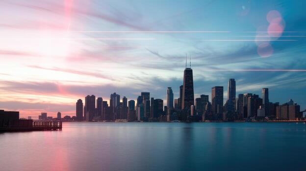 Evening Skyline View of Chicago From Lake Michigan With Colorful Sky photo