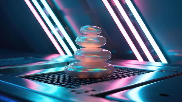 Stacked Smooth Stones With Neon Glow in Futuristic Setting at Nighttime photo