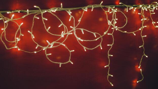 Festive String Lights Hang Against a Dark Red Wall During the Evening Celebration photo