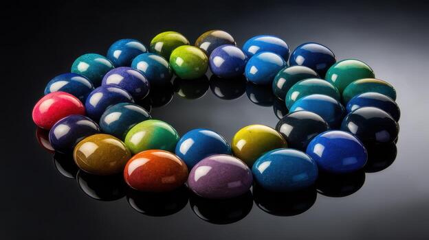 Colorful Marble Eggs in a Circle on a Reflective Dark Surface photo