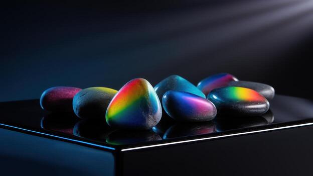 Rainbow Painted Pebbles Sitting on a Shiny Black Surface in Studio Lighting photo