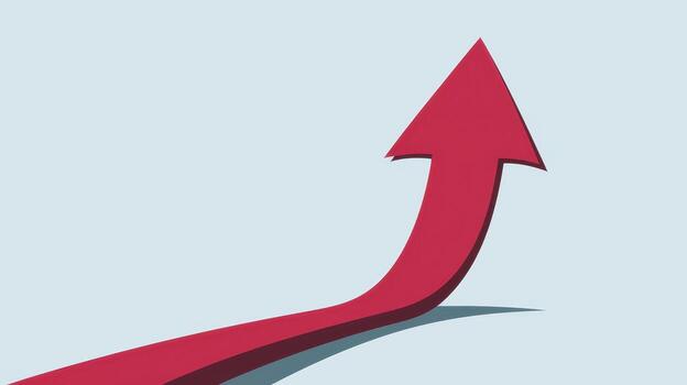 Red Arrow Curving Upwards Against a Plain Light Blue Background photo