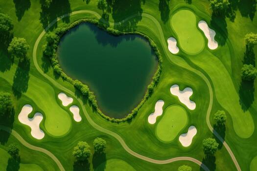 Aerial View of a Beautiful Golf Course With a Heart Shaped Lake During the Day photo