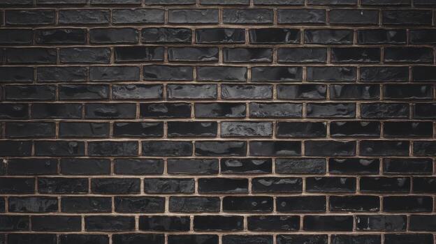 Shiny Black Brick Wall Background With Light Brown Grout Showing Between Bricks photo