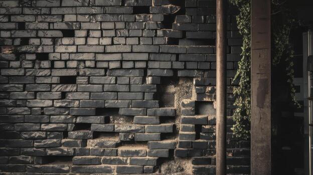 decaido ladrillo pared con visible grietas y hiedra en abandonado ubicación foto