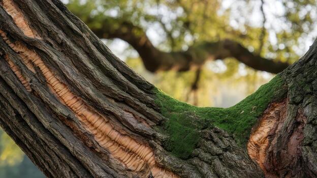 Close up of Old Cork Oak Tree Branch With Moss in Portugal photo