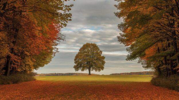 Lone Tree on a Field Framed by Autumn Foliage in the Countryside photo