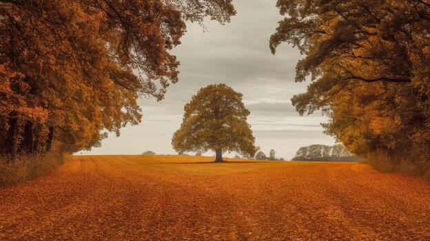 Lonely Tree Stands in a Field Covered With Fallen Leaves During Autumn Season photo