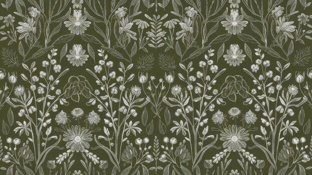 Elegant Botanical Pattern With Various Floral Elements on Olive Green Background photo