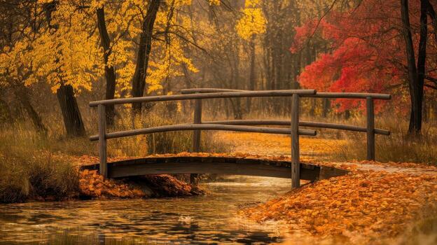 Wooden Bridge Over Stream in Autumn Park Covered With Colorful Leaves photo