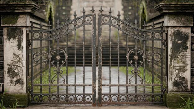 Open Ornamental Iron Gate Reveals Stone Steps Leading up to a Building photo