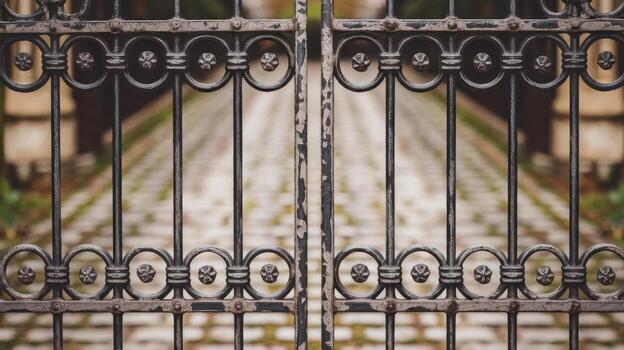 Ornate Wrought Iron Gate Stands Closed, Partially Obscuring a Garden Path photo