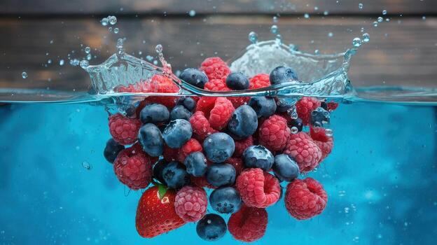 Berries Splash Into a Container of Bright Blue Water photo