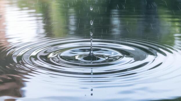 Rain Falls in a Puddle Creating Ripples on a Cloudy Day photo