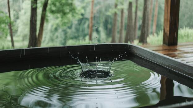 Raindrops Create Ripples in a Tub of Water Outside on a Rainy Day photo