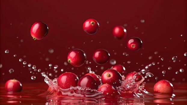 Red cranberries splash in water with droplets creating a vibrant scene in a dramatic setting photo
