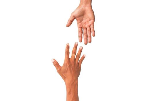 Hands reaching out to each other representing help, support and connection on a white background photo