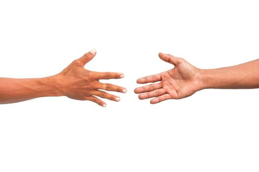 Two hands reaching out to each other in a gesture of connection and support on a white isolated background photo