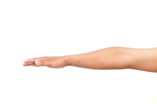 Isolated arm of a person showing a flat palm on white background, useful for presentation photo