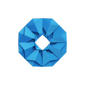 Blue origami abstract circular icon folded with polygonal paper symmetry and sharp triangular creases. Transparent ideal for logo design, technology, and modern branding projects. png