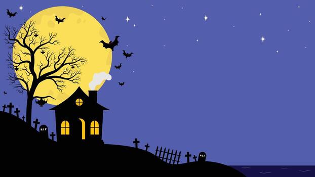 A Haunted House With A Dead Tree Surrounded By Bats And A Spooky Graveyard By The Lake During A Full Moon vector