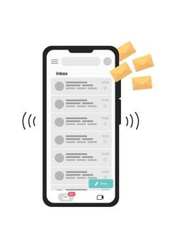 Smartphone screen. Mail application for mobile devices. Inbox. Many envelopes visible on the smartphone. vector