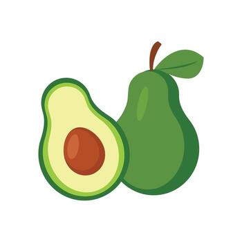 Whole and halved avocado fruit are displayed with seed in a flat vector