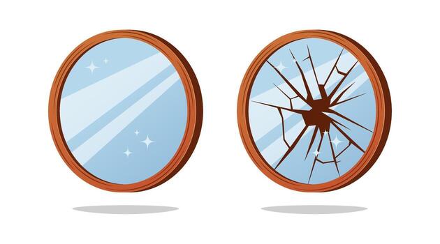 Wooden Frame with Broken Mirror and intact isolated on white background. vector