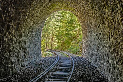 Inside stone railway tunnel looking to forest in Thuringia Germany photo