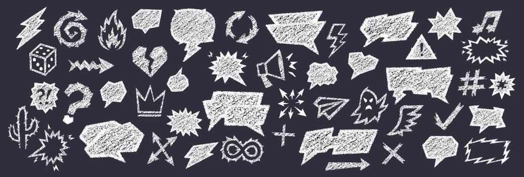 Crayon talk speech bubble with crayon text box and doodle chalk balloon icons in hand drawn style. Crayon talk set includes arrows, clouds, symbols and comic chat frames. vector