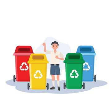 boy is giving thumb up while explaining about the color of recycle bin. Kids with recycling garbage. vector