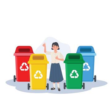 girl is giving thumb up while explaining about the color of recycle bin.Kids with recycling garbage. vector