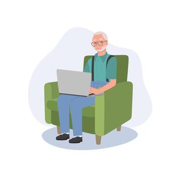 mayor hombre y moderno tecnología concepto. abuelo utilizando ordenador portátil en sofá para en línea hojeada, web surf. disfrutando digital mundo vector