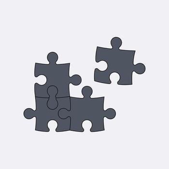 Four dark gray puzzle pieces, three connected, one separate on white background jigsaw connection vector