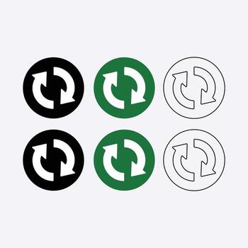 Set of three circular refresh and recycle icons in black green and outline symbol vector