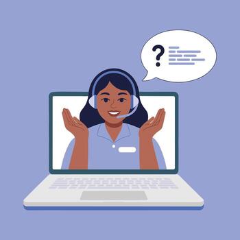 Customer service representative with headset on laptop screen asking for help Keywords, customer vector