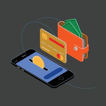 Isometric smartphone with credit card and wallet for digital payment mobile phone debit card vector