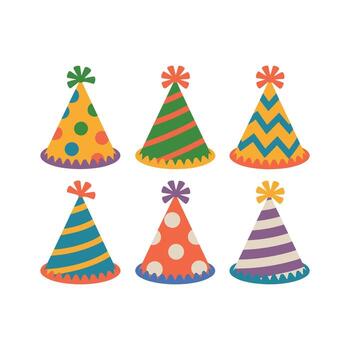 Six colorful party hats with different patterns and designs . vector