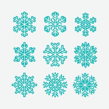 Snowflake icons Set, A collection of nine different intricately designed blue snowflake icons with unique patterns. vector
