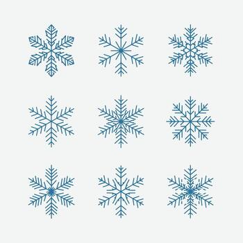 Snowflake icons Set, A collection of nine different intricately designed snowflake icons with unique patterns. vector