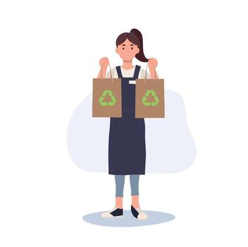 Concept of using of recycled paper bag to save the global warming. woman holding recyclable craft bag in both hands. vector