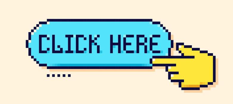 píxel usuario interfaz botón. azul habla burbuja con hacer clic aquí texto y signo. vector