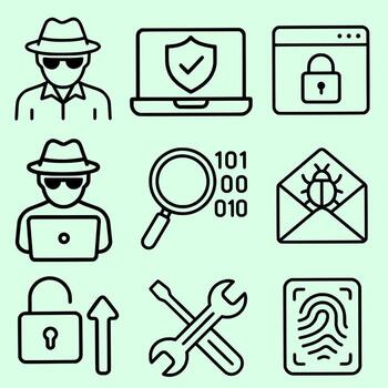 Cyber security icon set. Outline style. Hacker attack, data protection and internet security concept vector