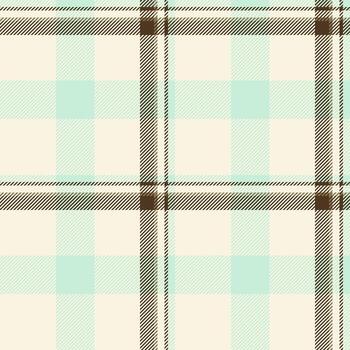 Seamless plaid pattern with cream, mint, and brown hues. A classic tartan texture with a modern, soft palette. Ideal for backgrounds, textiles, and designs needing a touch of cozy elegance. vector