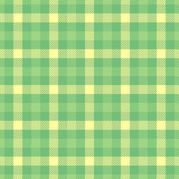Pixelated plaid pattern in soft greens and yellows. Retro aesthetic, ideal for backgrounds, textiles, or nostalgic designs. Versatile for web or print projects. vector