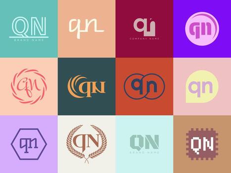 QN logo template. Letter q and n logotype. Set different classic serif lettering and modern bold text with design elements. Initial font typography. vector